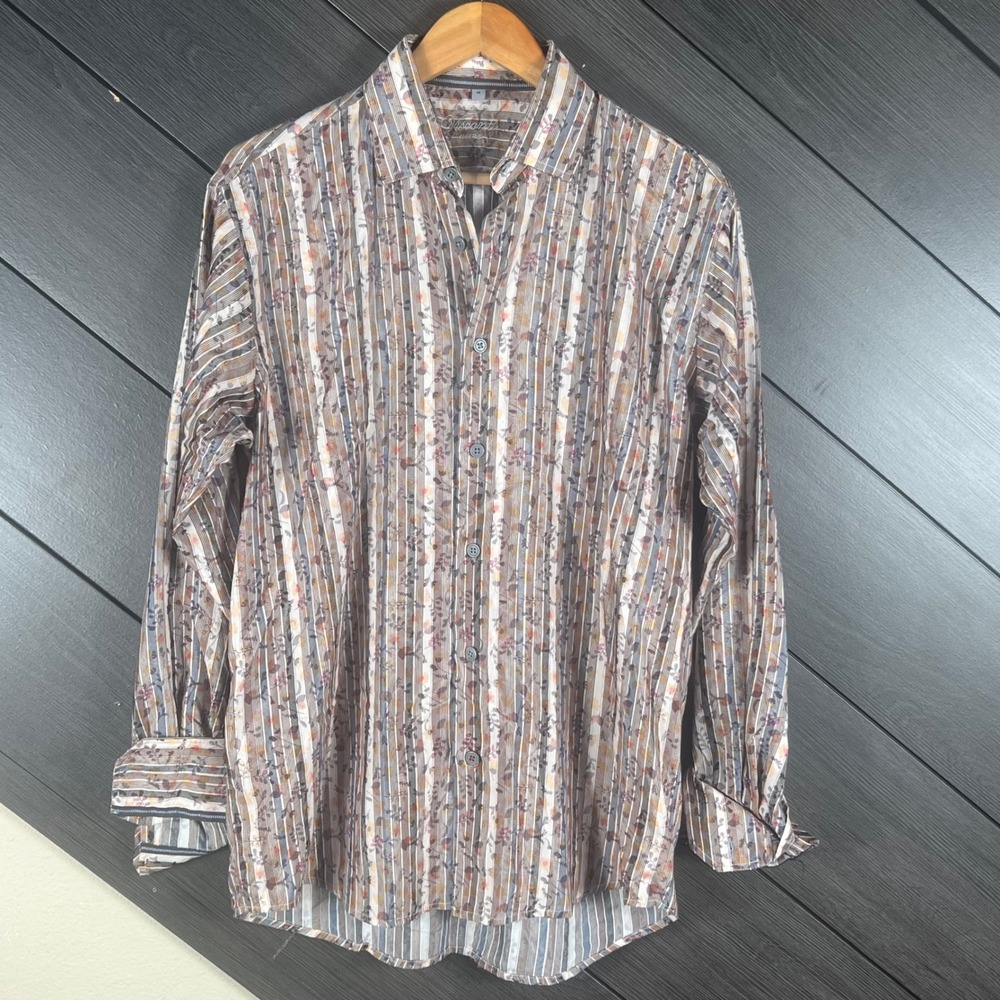 Visconti Mens‎ Button Down Shirt Floral Stripe Size M Brown Multicolor